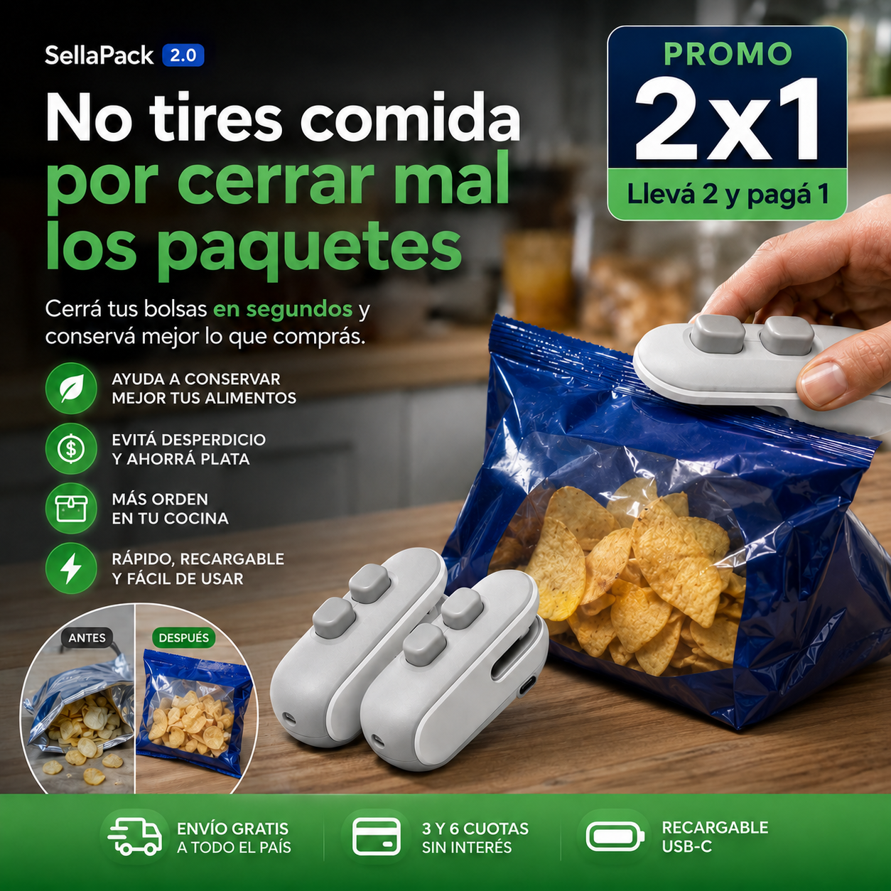 SellaPack 2.0 sellador recargable para bolsas y alimentos